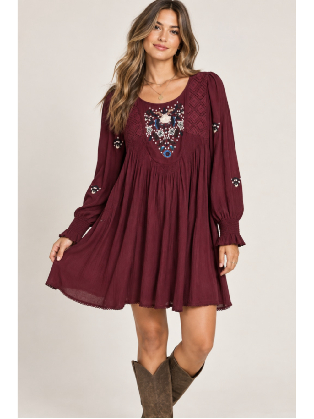 Free People Burgundy Embroidered Crochet Boho Tunic Mini Dress L